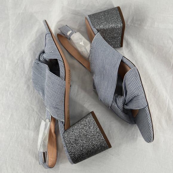 J. CREW Twisted-Knot Penny Sandals 8.5 Blue White Pinstripe Glitter Block Heel - Picture 5 of 10